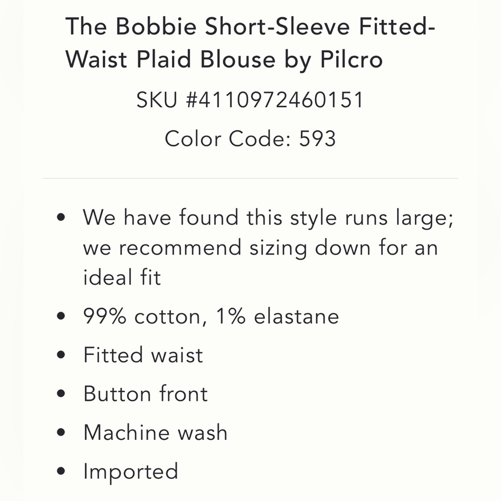 ANTHROPOLOGIE-Pilcro The Bobbie Short-Sleeve Fitted Waist Plaid BlouseXXS Petite - Picture 7 of 7